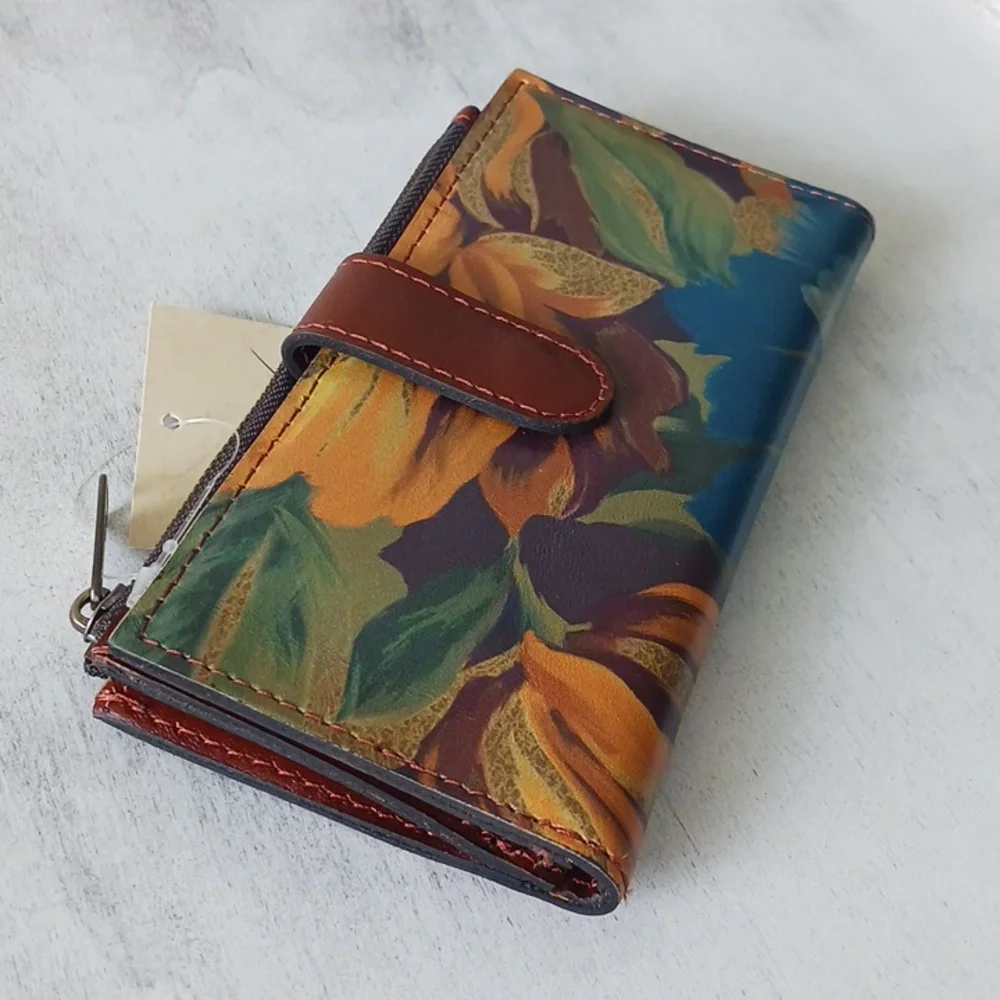 Patricia Nash NAZARI Leather Bifold Wallet Floral Marigold Harvest Blue Brown